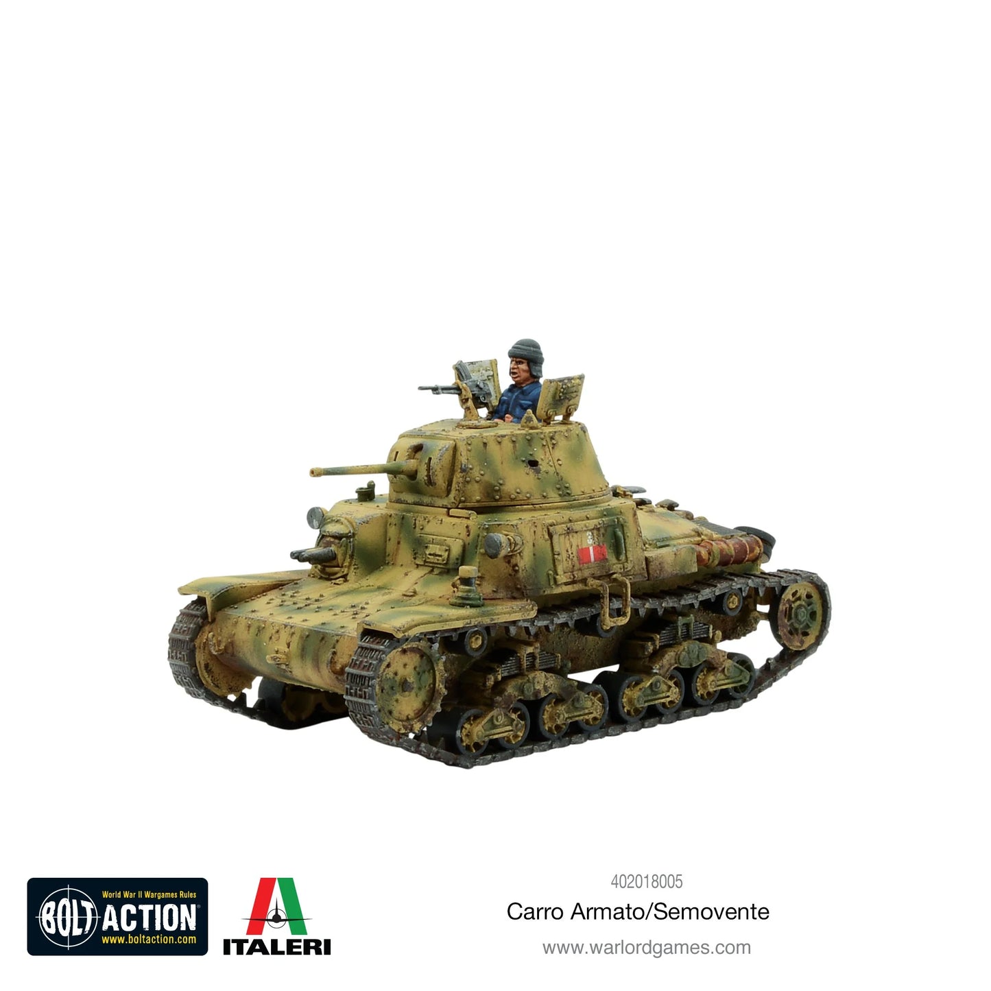 Carro Armato M13/40 - Bolt Action 28mm - pomalowany model widok z przodu: dowódca w wieży z hełmem, działo 47mm, karabin maszynowy, kamuflaż trójkolorowy pustynny, pancerz nitowany do 42mm, gąsienice i koła jezdne - skala 1/56 - Warlord Games & Italeri