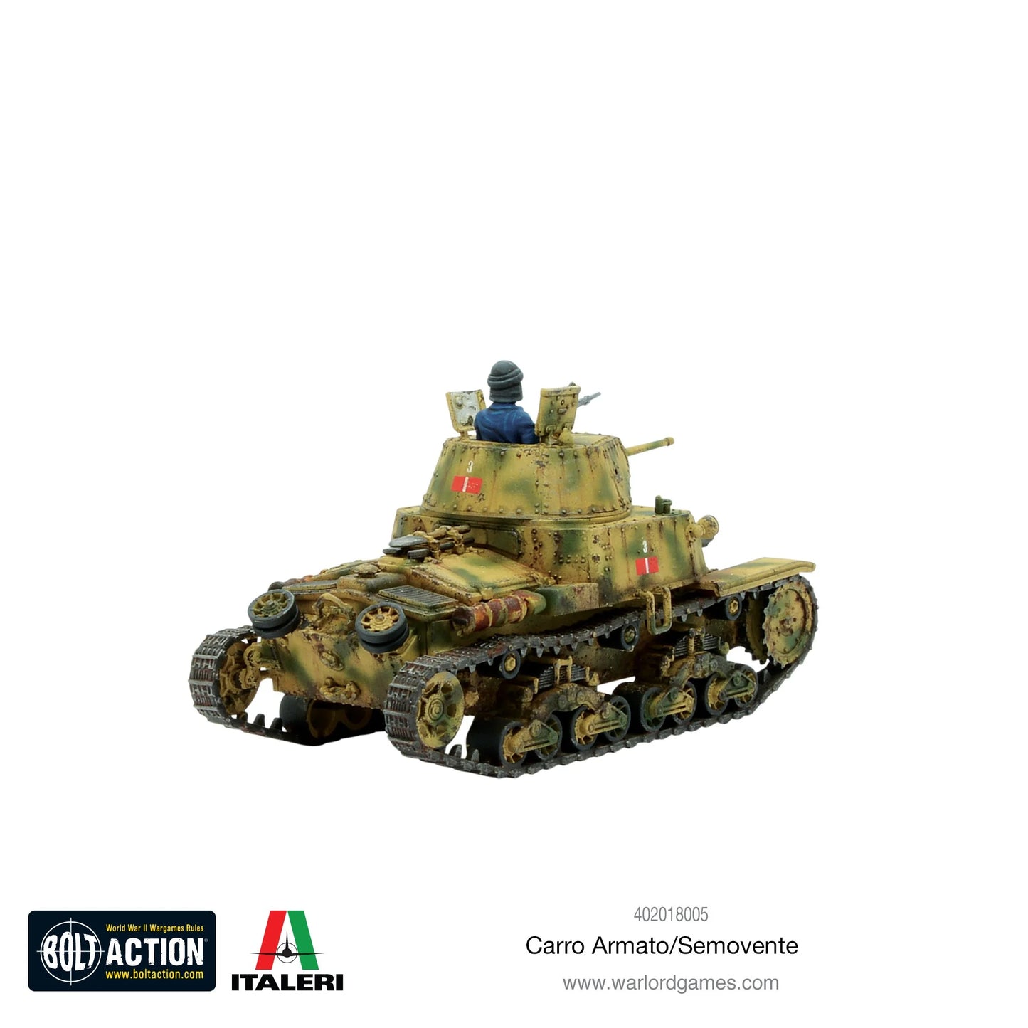 Carro Armato M13/40 - Bolt Action 28mm - pomalowany model widok z tyłu: dowódca w wieży z hełmem, kamuflaż trójkolorowy (khaki, zielony, brązowy), pancerz nitowany, gąsienice i koła jezdne, detale tylnej części kadłuba - skala 1/56 - Warlord Games & Italeri