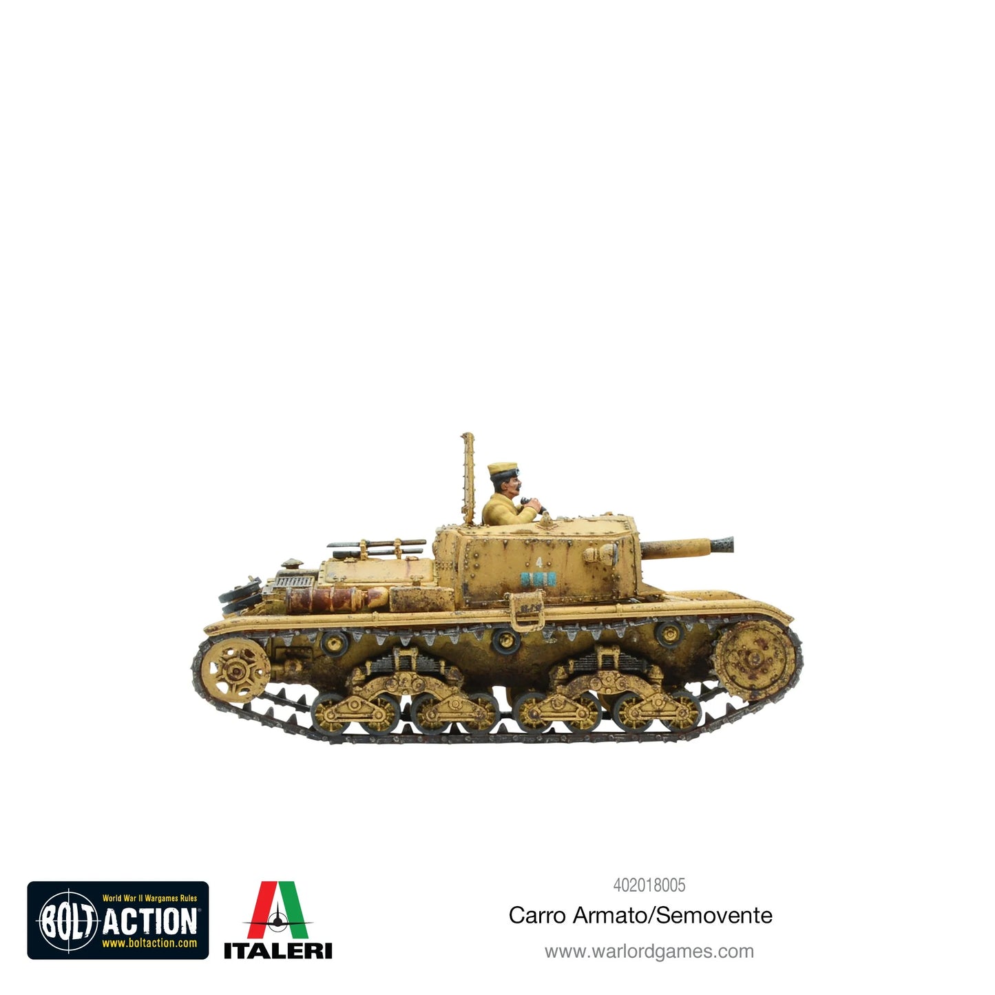 Semovente 75/18 - Bolt Action 28mm - pomalowany model widok z boku: działo samobieżne z górskim działem 75mm, dowódca w otwartej nadbudówce, kamuflaż jednolity khaki pustynny, pancerz nitowany z podwójnymi płytami czołowymi, gąsienice - skala 1/56 - Warlord Games & Italeri