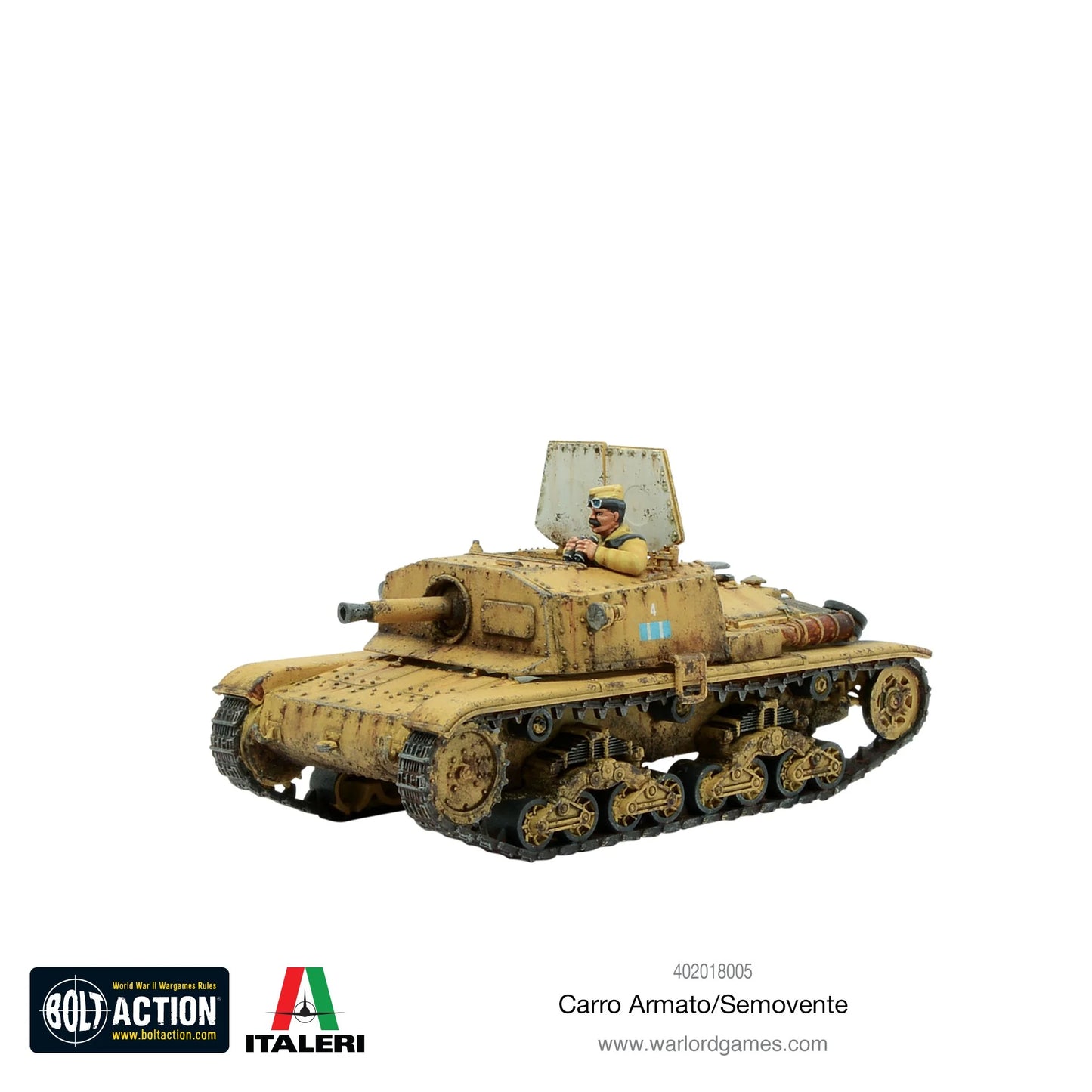 Semovente 75/18 - Bolt Action 28mm - pomalowany model widok z przodu: dowódca w otwartej nadbudówce z lornetką, działo górskie 75mm, kamuflaż jednolity khaki pustynny, pancerz nitowany prawie pionowy, gąsienice i koła jezdne - skala 1/56 - Warlord Games & Italeri