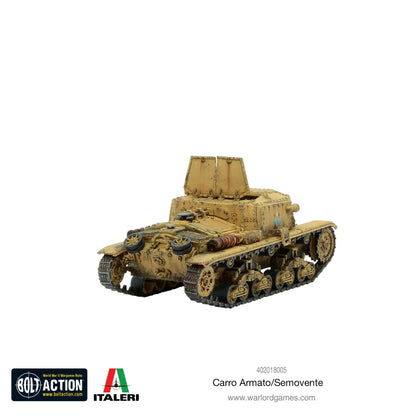 Semovente 75/18 - Bolt Action 28mm - pomalowany model widok z góry z tyłu: otwarta nadbudówka z wnętrzem działa 75mm, pancerz nitowany, kamuflaż khaki pustynny, gąsienice i koła jezdne - detale konstrukcji - skala 1/56 - Warlord Games & Italeri