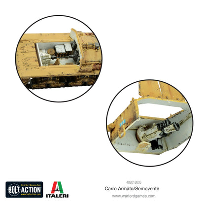 Carro Armato M13/40 / Semovente 75/18 - Bolt Action 28mm - zbliżenia detali wnętrza: górne zdjęcie pokazuje otwartą wieżę M13/40 z działem 47mm i wnętrzem, dolne zdjęcie pokazuje wnętrze nadbudówki Semovente z działem 75mm - detale mechanizmów - Warlord Games & Italeri