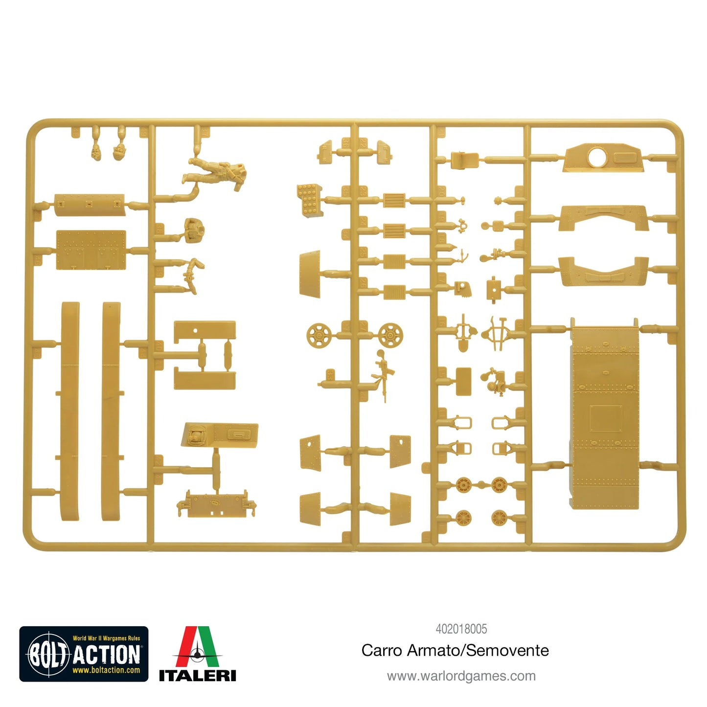 Carro Armato M13/40 / Semovente 75/18 - Bolt Action 28mm - wypraski plastikowe 1: kadłub, wieża M13/40, nadbudówka Semovente, pancerz nitowany, koła jezdne, gąsienice, działo 47mm, działo 75mm, wyposażenie - części do montażu - Italeri