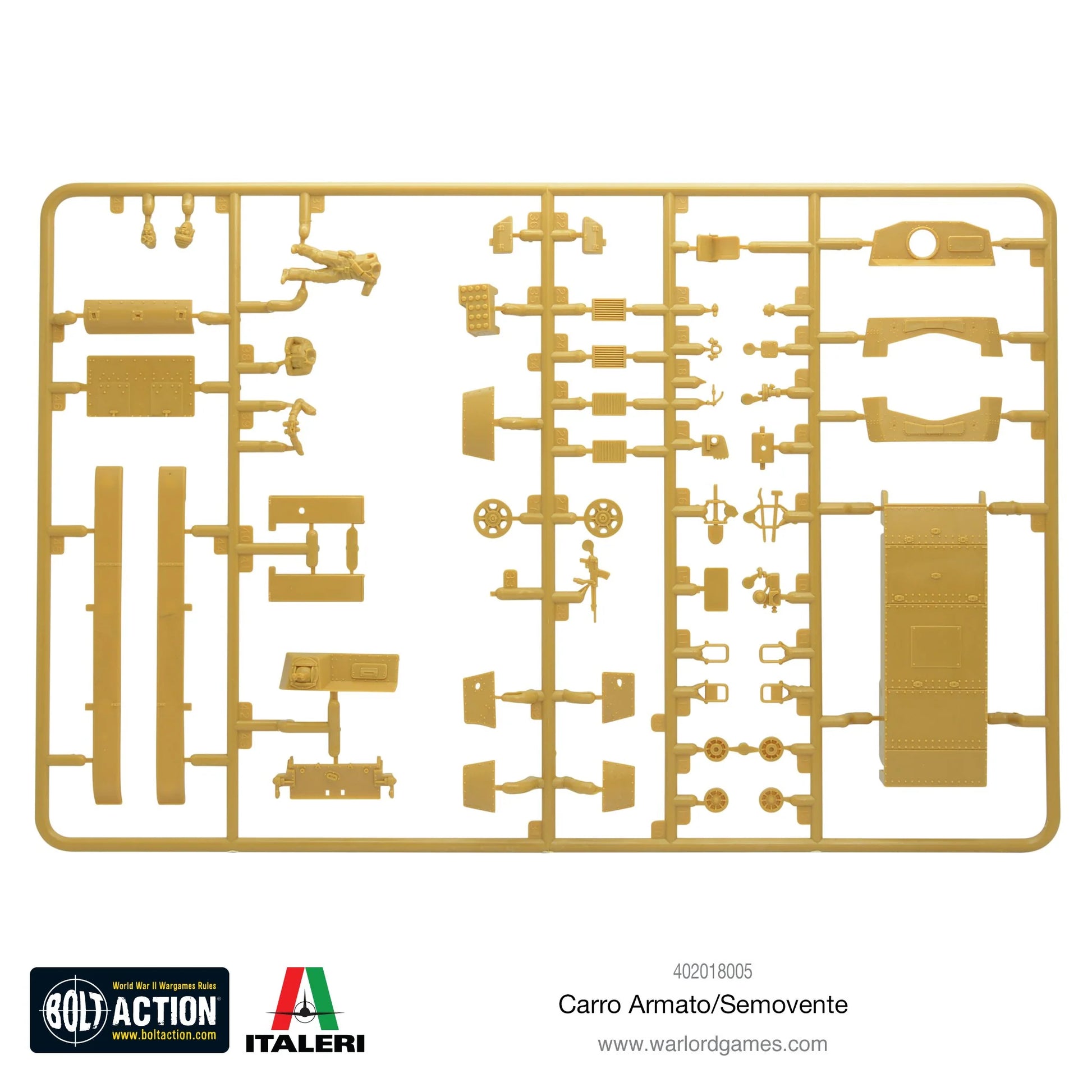 Carro Armato M13/40 / Semovente 75/18 - Bolt Action 28mm - wypraski plastikowe 1: kadłub, wieża M13/40, nadbudówka Semovente, pancerz nitowany, koła jezdne, gąsienice, działo 47mm, działo 75mm, wyposażenie - części do montażu - Italeri
