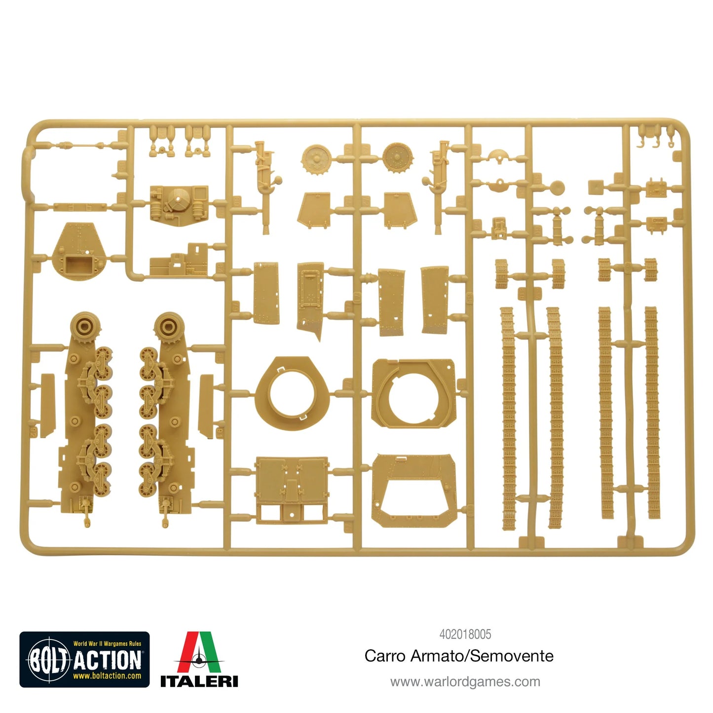Carro Armato M13/40 / Semovente 75/18 - Bolt Action 28mm - wypraski plastikowe 2: gąsienice segmentowe, koła jezdne, pancerz boczny, wieża M13/40, nadbudówka Semovente, detale wyposażenia - wszystkie części do montażu obu wariantów - Italeri