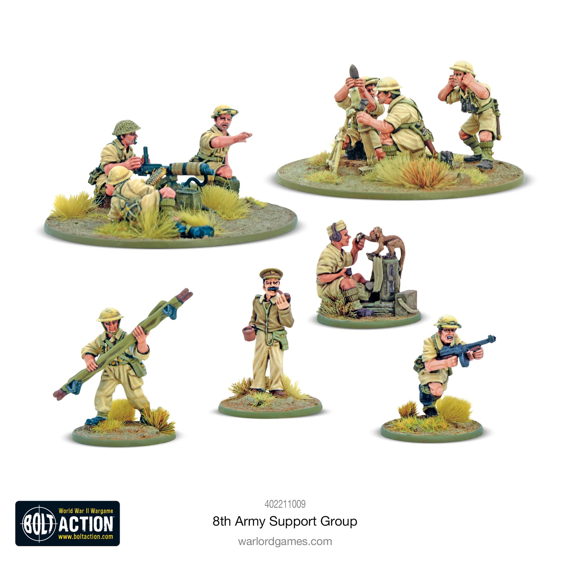 8th Army Support Group - Bolt Action 28mm - HQ oficer Vickers MG team moździerz 3-cal załoga khaki desert - Warlord Games
