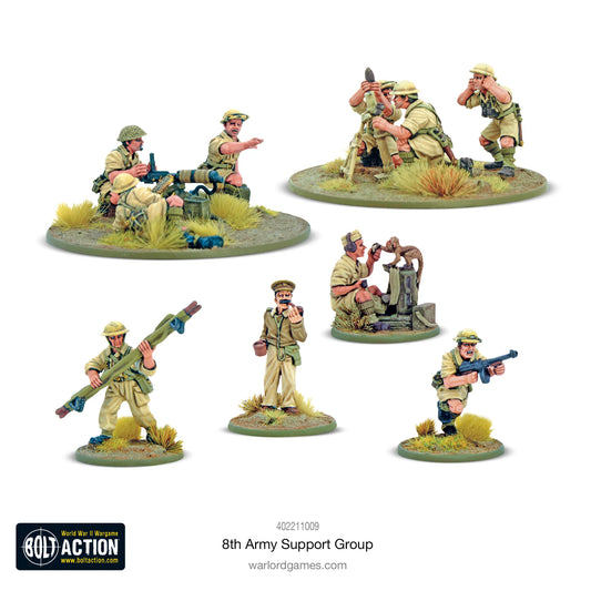 8th Army Support Group - Bolt Action 28mm - HQ oficer Vickers MG team moździerz 3-cal załoga khaki desert - Warlord Games