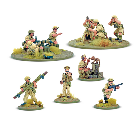 8th Army Support Group - Bolt Action 28mm - HQ oficer Vickers MG team moździerz 3-cal załoga khaki desert - Warlord Games