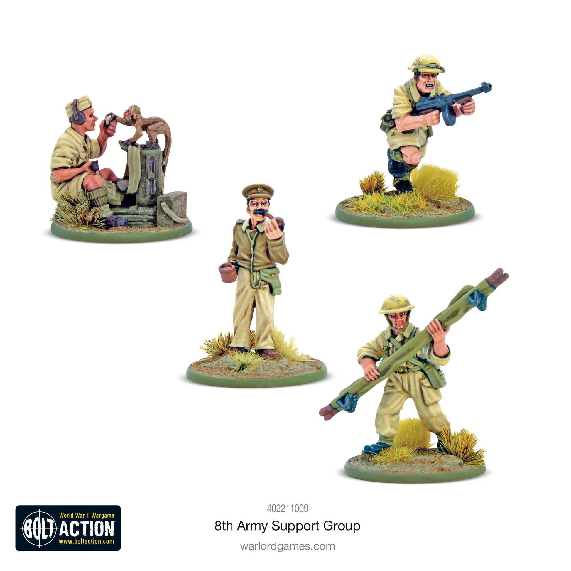 8th Army Support Group - Bolt Action 28mm - detale moździerz 3-cal oficer HQ Thompson SMG khaki desert podstawki - Warlord Games