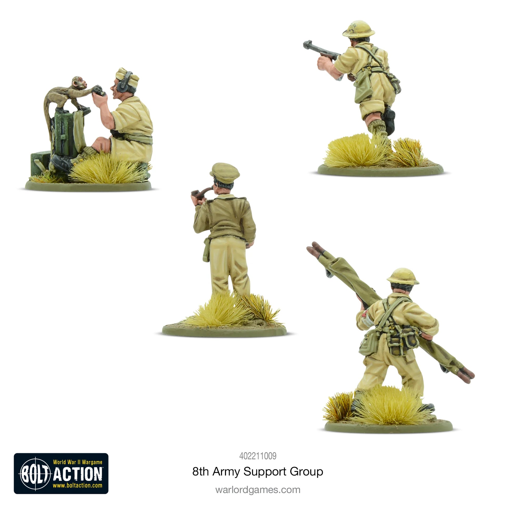 8th Army Support Group - Bolt Action 28mm - widok z tyłu moździerz 3-cal oficer HQ Thompson SMG khaki desert wyposażenie - Warlord Games