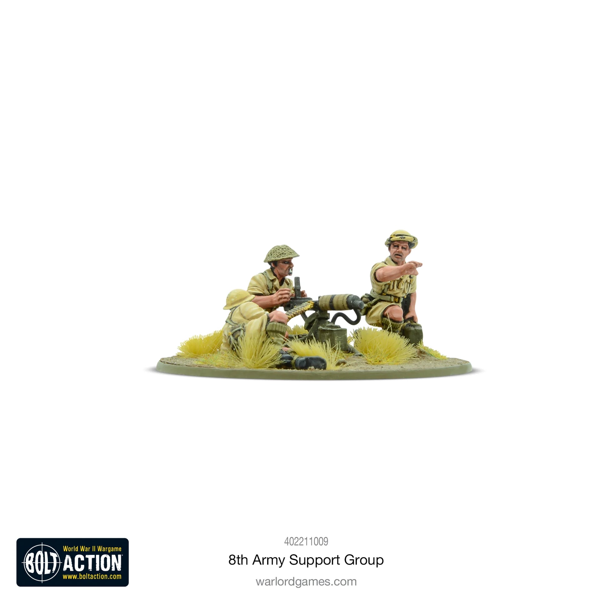 8th Army Support Group - Bolt Action 28mm - Vickers MG team widok z przodu załoga gunner khaki desert podstawka - Warlord Games