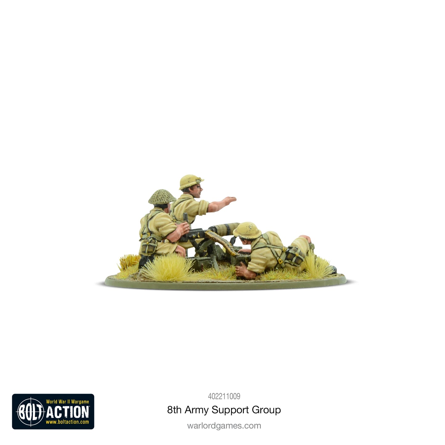 8th Army Support Group - Bolt Action 28mm - Vickers MG team widok z boku załoga gunner spotter khaki desert podstawka - Warlord Games