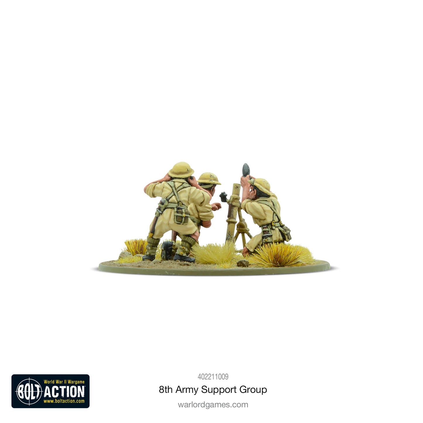 8th Army Support Group - Bolt Action 28mm - moździerz 3-calowy widok z tyłu załoga 3 osoby khaki desert podstawka - Warlord Games