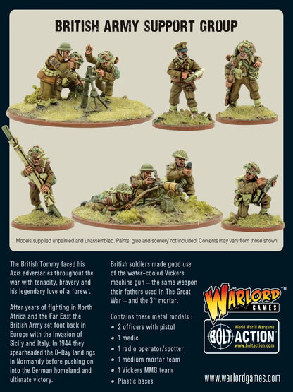 British Army Support Group Bolt Action - tył pudełka zestawu: szare tło z napisem BRITISH ARMY SUPPORT GROUP, 7 pomalowanych figurek 28mm w 5 grupach (moździerz, oficer, obserwator, PIAT, Vickers MMG, Bren), opis lore Brytyjczyków w II wojnie światowej, lista zawartości: 2 officers with pistol, 1 medic, 1 radio operator/spotter, 1 medium mortar team, 1 Vickers MMG team, Plastic bases, logo Bolt Action i Warlord Games, kod 402211011