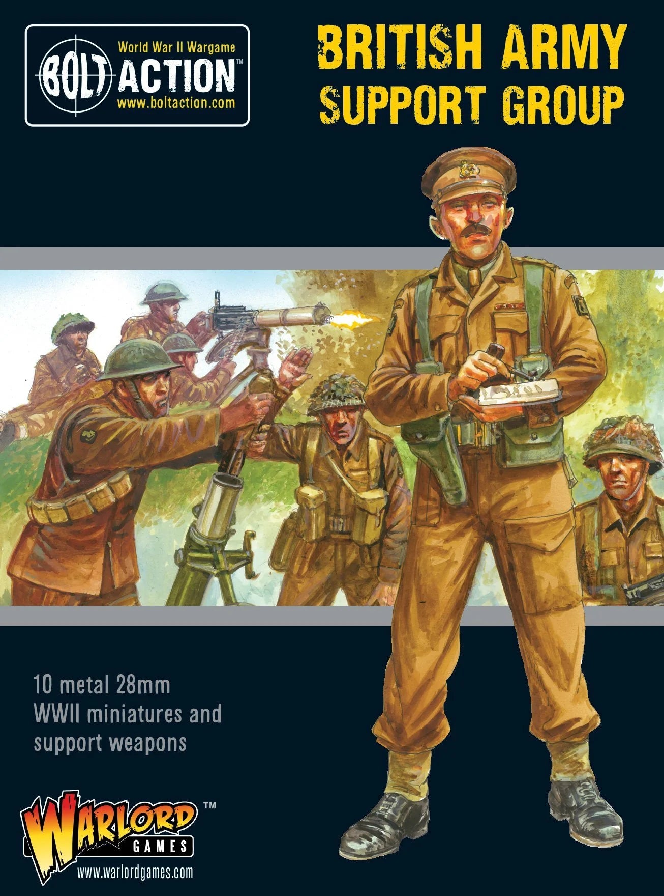 British Army Support Group Bolt Action - przód pudełka zestawu: czarne tło z żółtym napisem BRITISH ARMY SUPPORT GROUP, logo Bolt Action i Warlord Games, ilustracja artystyczna oficera brytyjskiego w czapce oficerskiej z pistoletem i żołnierzy obsługujących moździerz i Vickers MMG w walce, napis 10 metal 28mm WWII miniatures and support weapons, kod 402211011