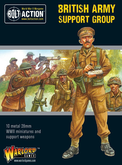 British Army Support Group Bolt Action - przód pudełka zestawu: czarne tło z żółtym napisem BRITISH ARMY SUPPORT GROUP, logo Bolt Action i Warlord Games, ilustracja artystyczna oficera brytyjskiego w czapce oficerskiej z pistoletem i żołnierzy obsługujących moździerz i Vickers MMG w walce, napis 10 metal 28mm WWII miniatures and support weapons, kod 402211011