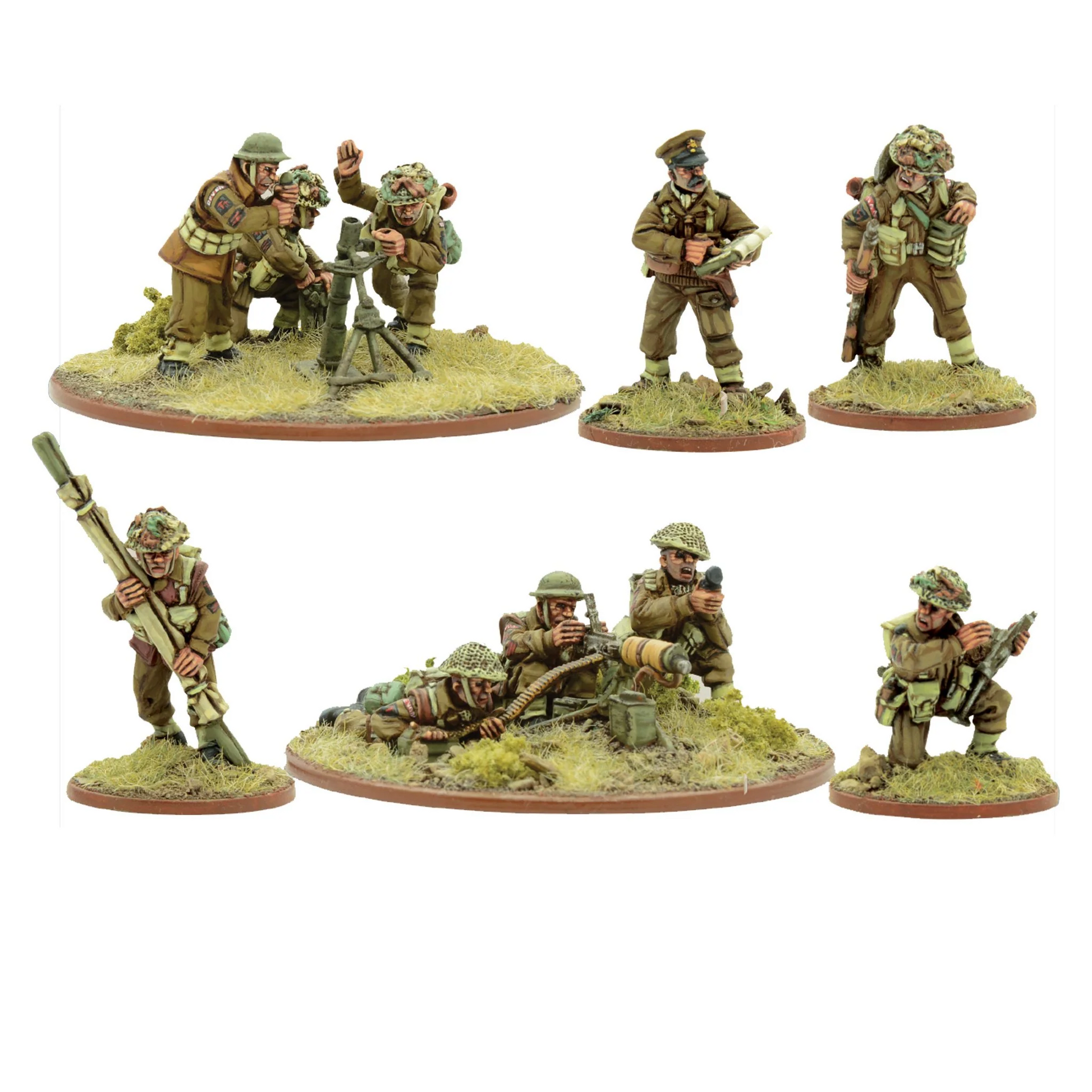 British Army Support Group Bolt Action Warlord Games - 7 pomalowanych metalowych figurek 28mm: górny rząd - zespół moździerza 3" (2 figurki w hełmach Mk.II i kamuflażu przy moździerzu na owalnej podstawce z trawą), oficer w czapce oficerskiej z mapą, obserwator artyleryjski z lornetką; dolny rząd - figurka z PIAT-em, zespół Vickers MMG (2 figurki leżące przy karabinie maszynowym Vickers na owalnej podstawce), strzelec z Bren LMG kucający, brązowe owalne podstawki z trawą, białe tło