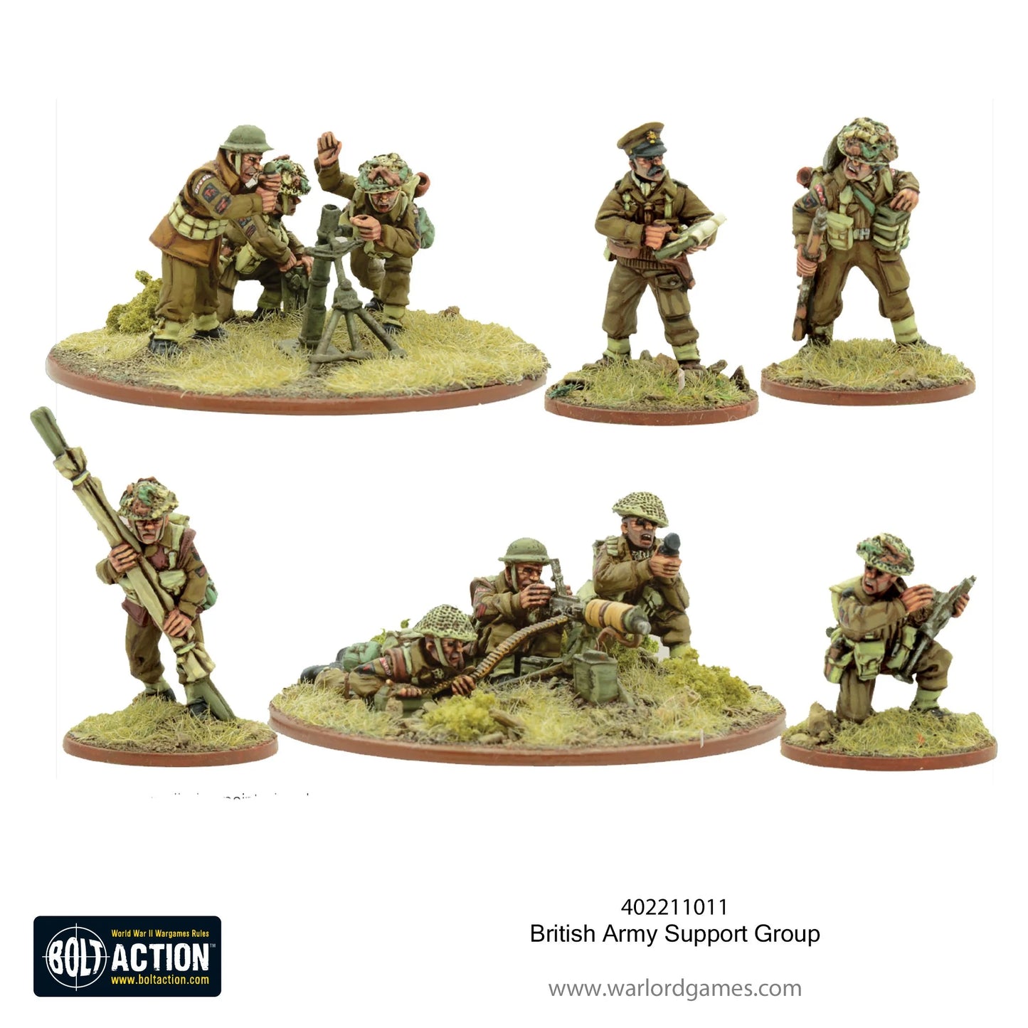 British Army Support Group Bolt Action - 7 pomalowanych metalowych figurek 28mm widok z logo Bolt Action i kodem 402211011: górny rząd - zespół moździerza 3" (2 figurki przy moździerzu na owalnej podstawce), oficer z mapą, obserwator z lornetką; dolny rząd - figurka z PIAT-em, zespół Vickers MMG (2 figurki leżące), strzelec z Bren LMG, brązowe owalne podstawki z trawą, białe tło