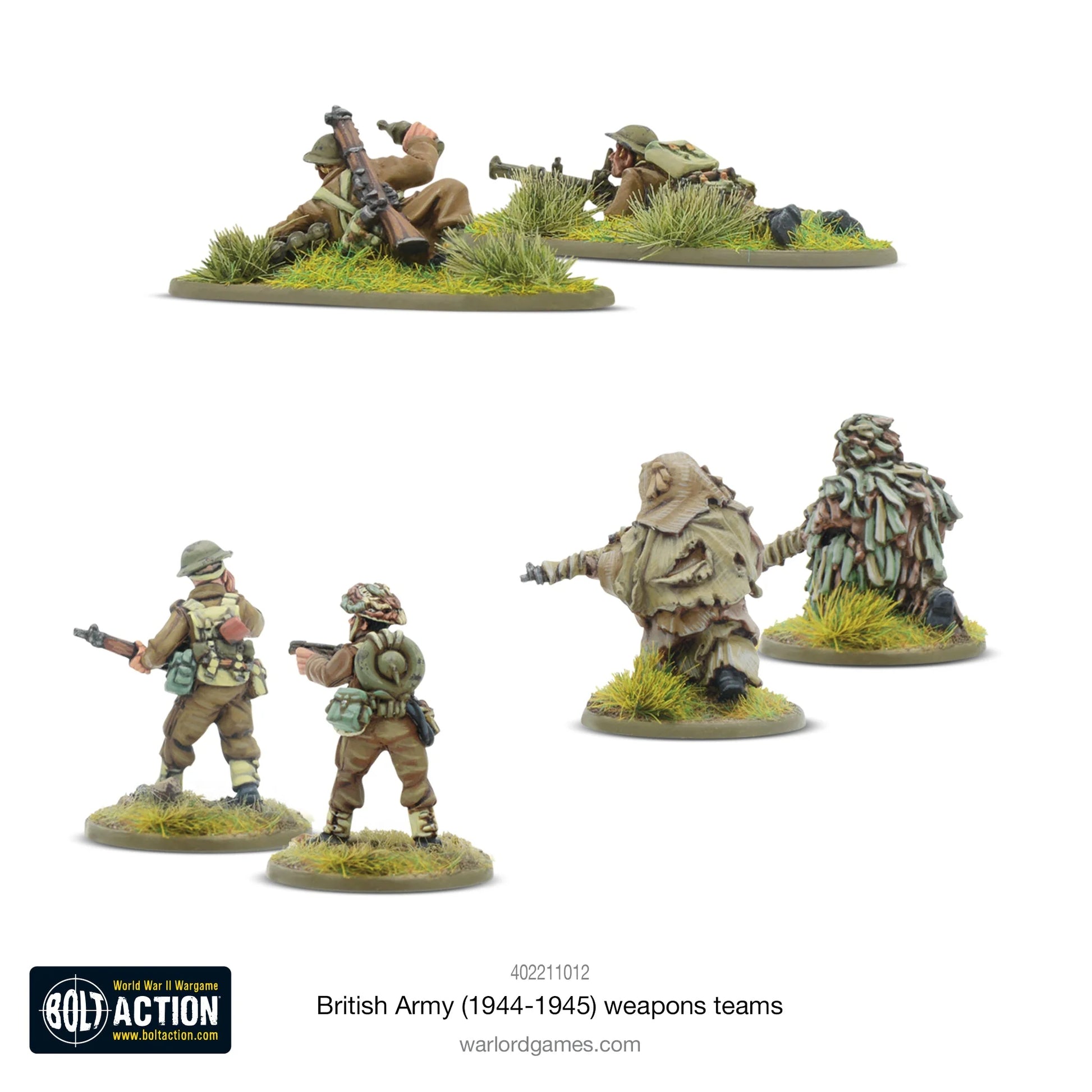 British Army 1944-45 Weapons Teams - Bolt Action 28mm - widok z tyłu flamethrower PIAT sniper Ghillie Suits khaki podstawki - Warlord Games