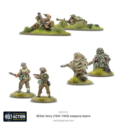 British Army 1944-45 Weapons Teams - Bolt Action 28mm - widok z tyłu flamethrower PIAT sniper Ghillie Suits khaki podstawki - Warlord Games
