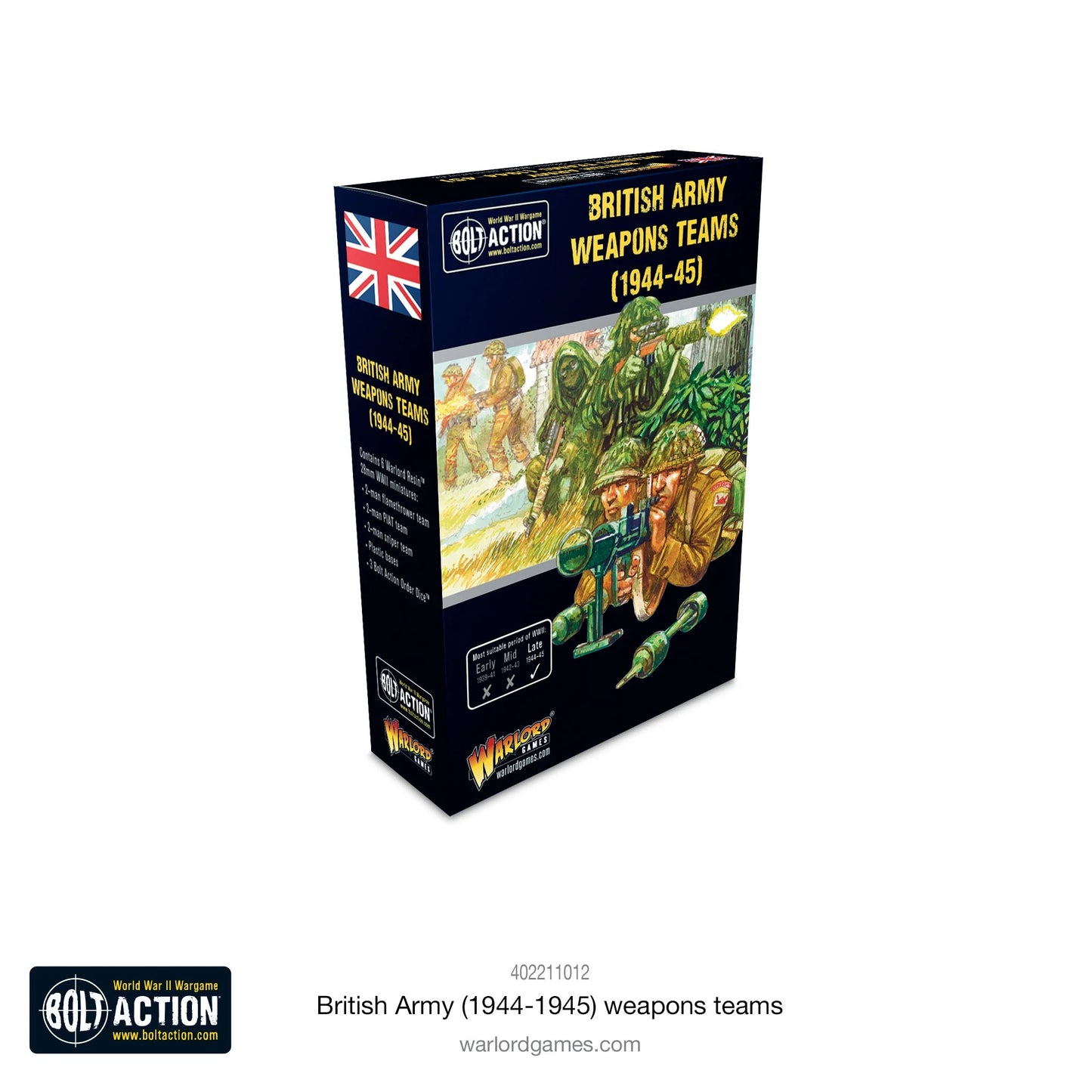 British Army 1944-45 Weapons Teams - Bolt Action 28mm - pudełko żywiczne figurki flamethrower PIAT sniper Ghillie Suits 1944-45 - Warlord Games
