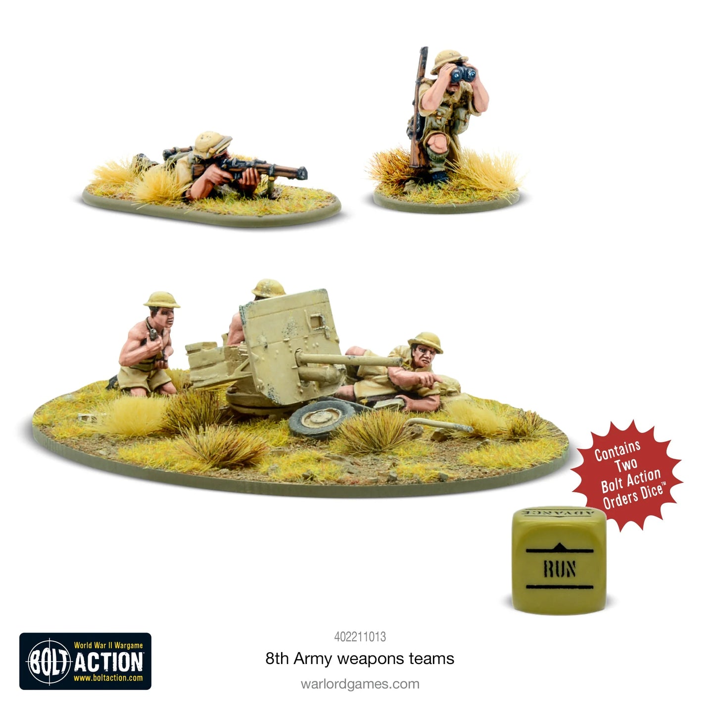 8th Army Weapons Teams – zestaw figurek żywicznych 28mm z kością rozkazu Bolt Action, Warlord Games 402211013
