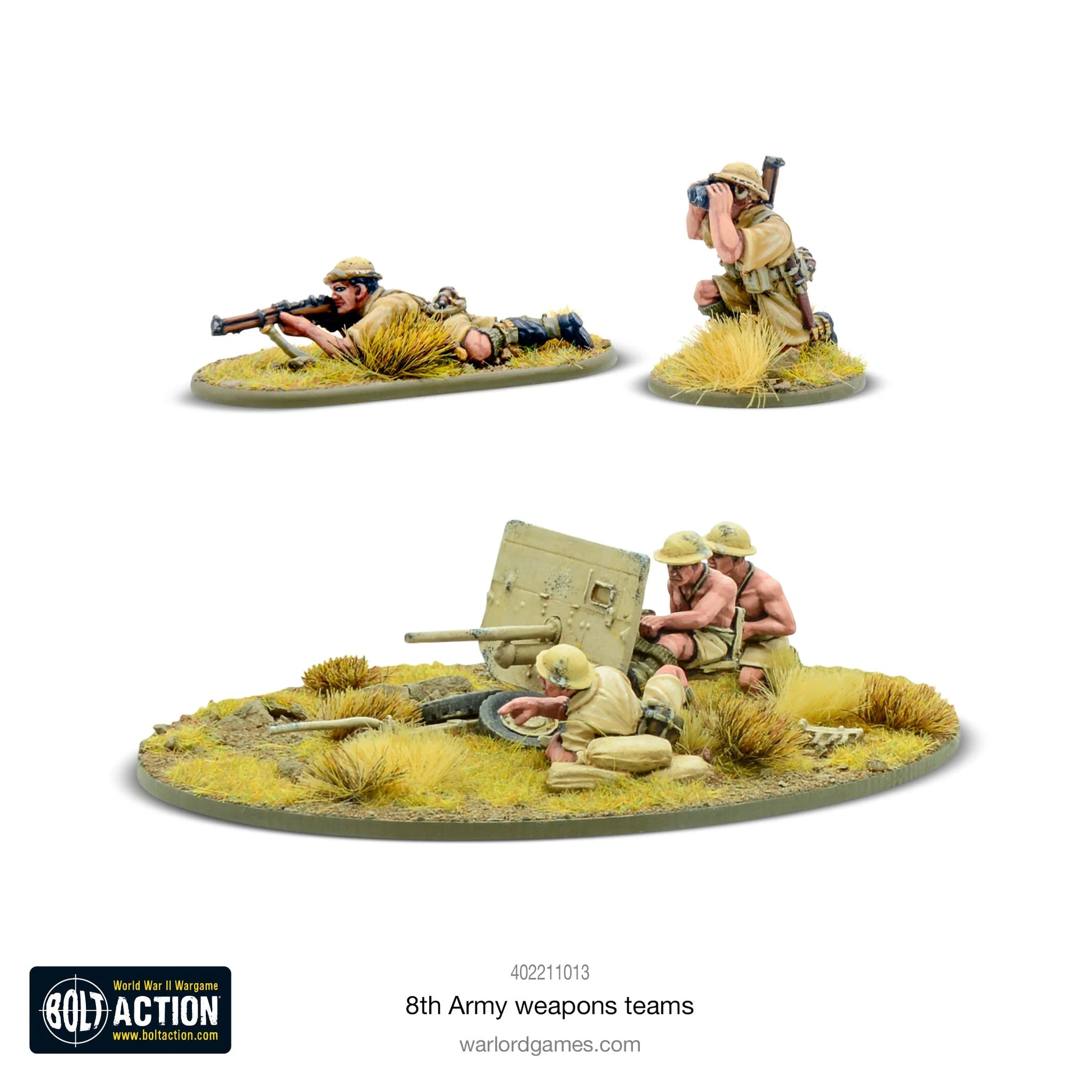 8th Army Weapons Teams – widok z boku: obsługa armaty QF 2-pdr i snajper z lornetką, figurki 28mm Bolt Action
