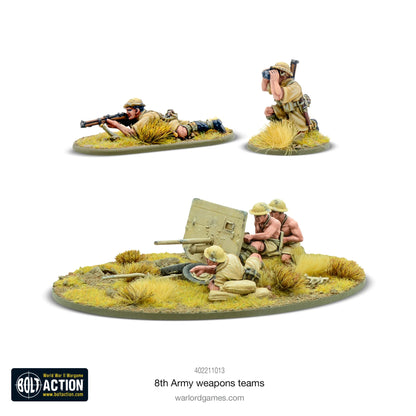 8th Army Weapons Teams – widok z boku: obsługa armaty QF 2-pdr i snajper z lornetką, figurki 28mm Bolt Action
