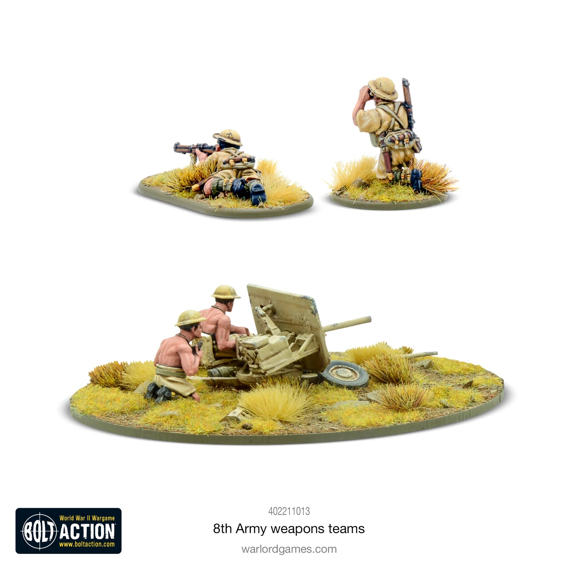 8th Army Weapons Teams – zespół snajperski i działo przeciwpancerne QF 2-pdr z załogą, figurki żywiczne Warlord Games 28mm, Bolt Action
