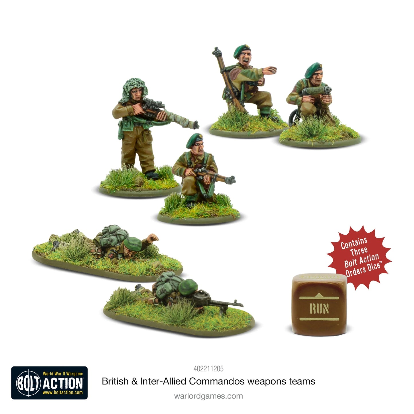 British & Inter-Allied Commandos Weapons Teams - Bolt Action 28mm - Vickers K LMG sniper flamethrower zielone berety kość rozkazu podstawki - Warlord Games