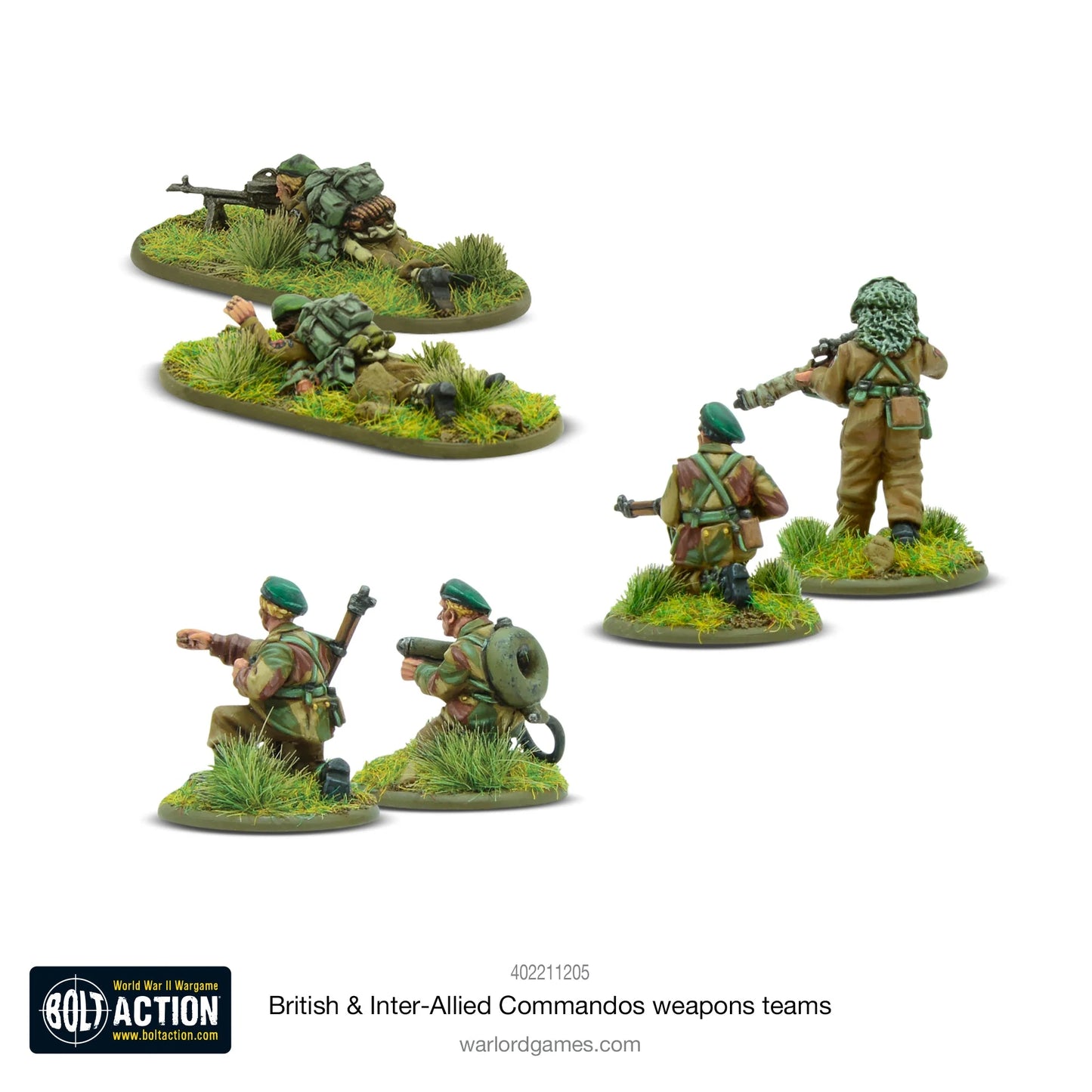 British & Inter-Allied Commandos Weapons Teams - Bolt Action 28mm - widok z tyłu sniper flamethrower Vickers K LMG zielone berety podstawki - Warlord Games
