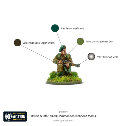 British & Inter-Allied Commandos Weapons Teams - Bolt Action 28mm - paleta kolorów Army Painter Vallejo Angel Green English Uniform Green Grey Gun Metal schemat malowania - Warlord Games