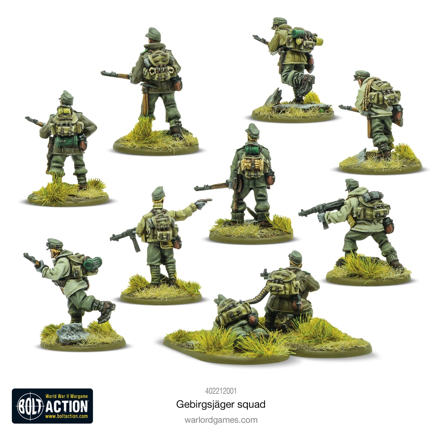 Gebirgsjäger Squad - Bolt Action 28mm - Gebirgsjäger z wyposażeniem górskim i karabinami - widok z tyłu - detale plecaków - Warlord Games