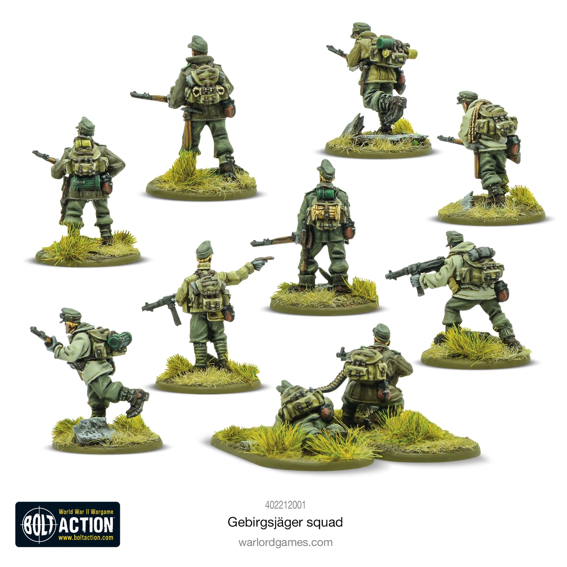Gebirgsjäger Squad - Bolt Action 28mm - Gebirgsjäger z wyposażeniem górskim i karabinami - widok z tyłu - detale plecaków - Warlord Games