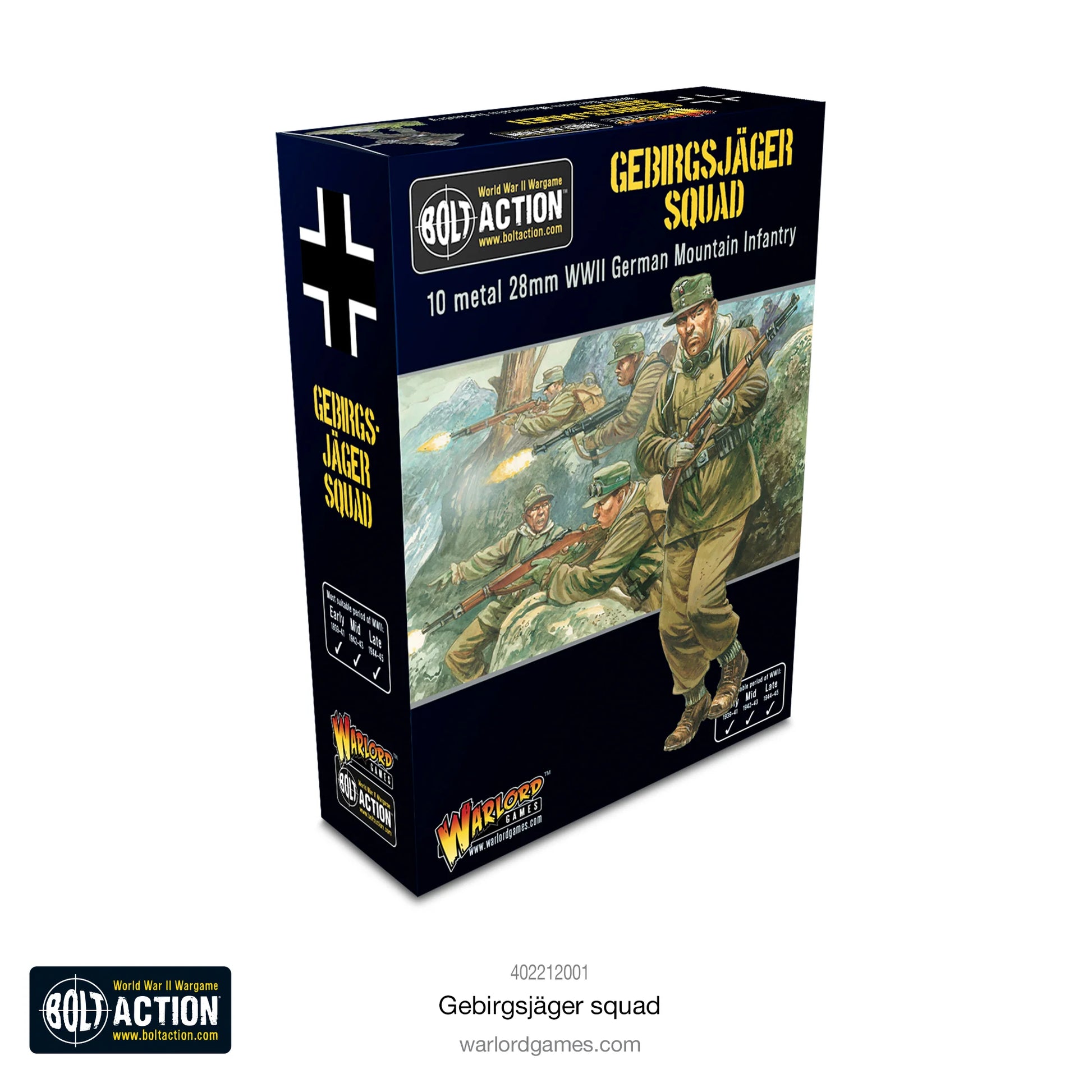 Gebirgsjäger Squad - Bolt Action 28mm - opakowanie pudełko z ilustracją górskich myśliwych w Alpach - 10 figurek metalowych - Warlord Games