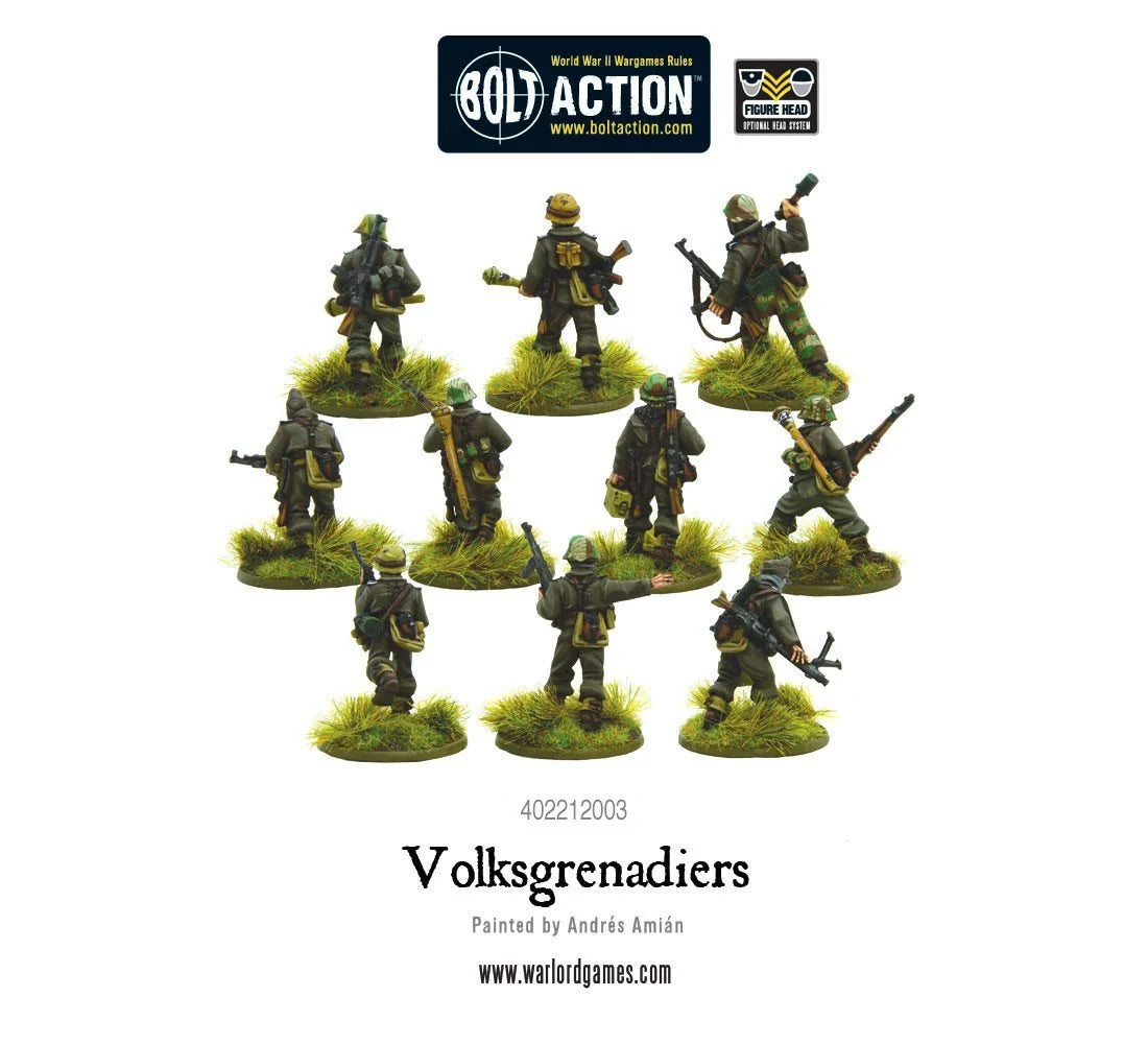 Volksgrenadiers Warlord Games 402212003 – 9 pomalowanych metalowych figurek niemieckiej piechoty 28mm Bolt Action, widok z tyłu, mundury feldgrau, uzbrojenie w StG44 i karabiny, podstawki z trawą, logo Bolt Action i Figure Head, malował Andrés Amián
