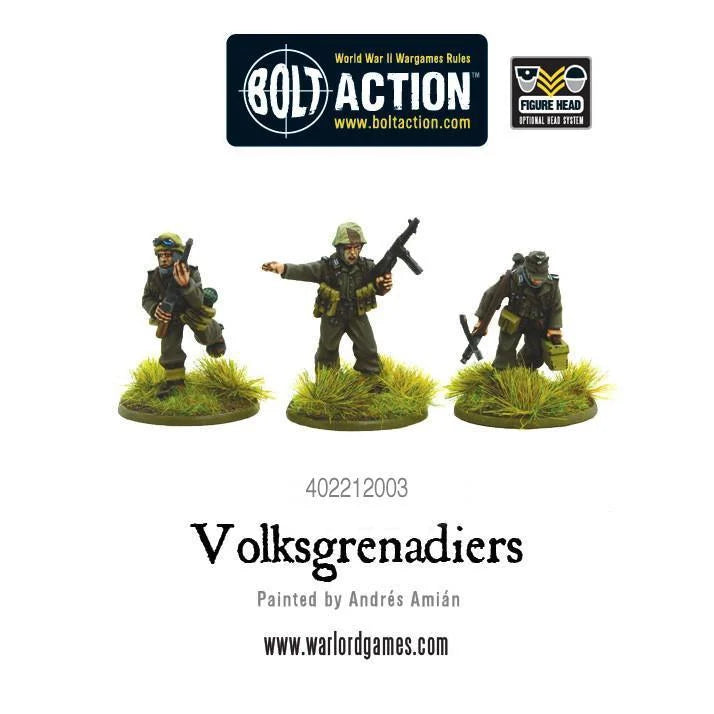 Volksgrenadiers Warlord Games 402212003 – 3 pomalowane metalowe figurki niemieckiej piechoty 28mm Bolt Action, widok z przodu: dowódca wskazujący kierunek natarcia, żołnierz z MP40, żołnierz ze skrzynką amunicji, logo Bolt Action i Figure Head, malował Andrés Amián

