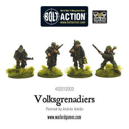 Volksgrenadiers Warlord Games 402212003 – 4 pomalowane metalowe figurki niemieckiej piechoty 28mm Bolt Action, widok z przodu: żołnierze z StG44, karabinem i taśmą amunicyjną, mundury feldgrau, podstawki z trawą, logo Bolt Action i Figure Head, malował Andrés Amián

