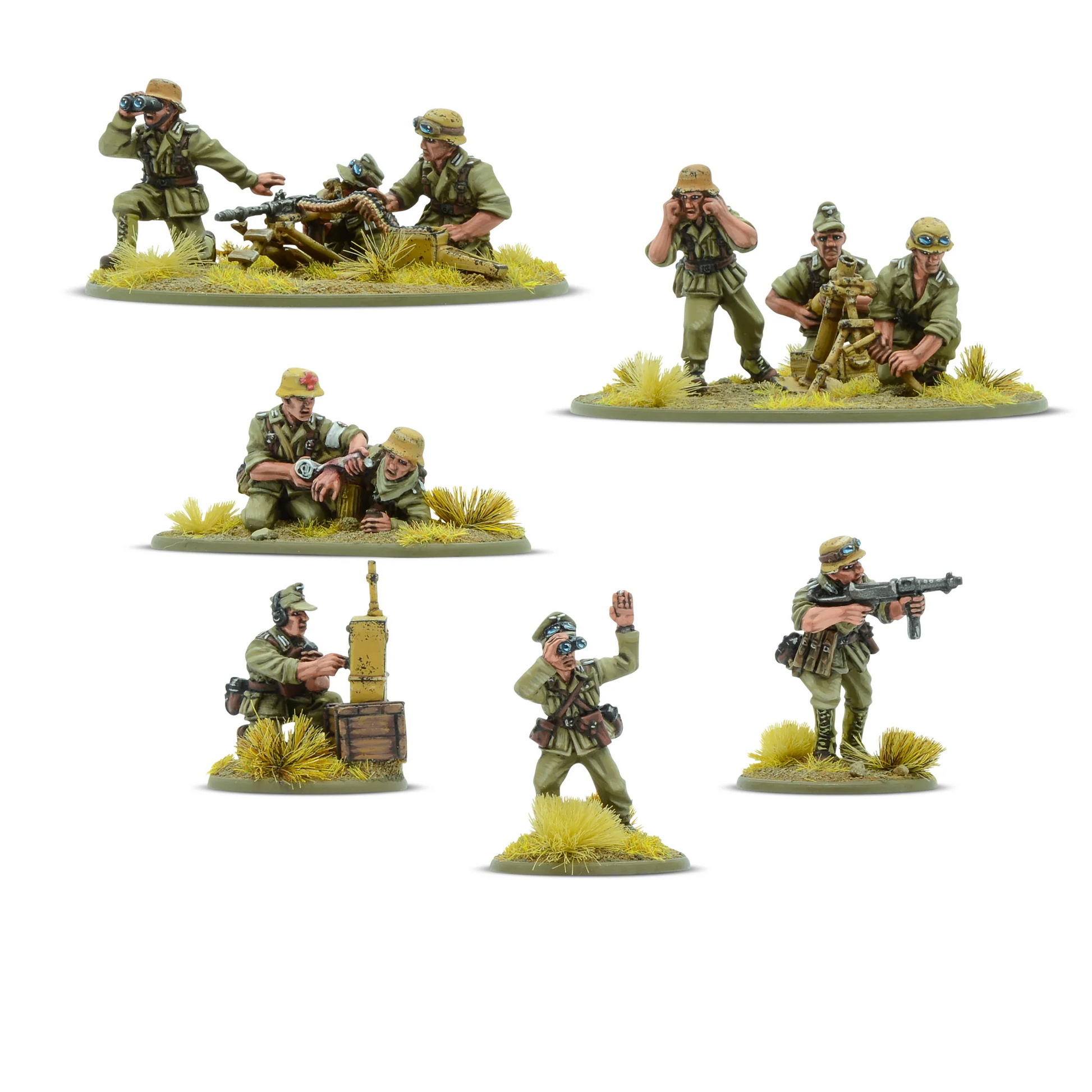 Afrika Korps Support Group - Bolt Action 28mm - kompletny zestaw pomalowanych figurek: zespół MG42, oficer z lornetką, medyk z rannym, obserwator z radiem, żołnierz z MP40 - tropikalne mundury dunkelgelb - 10 metalowych figurek - Warlord Games