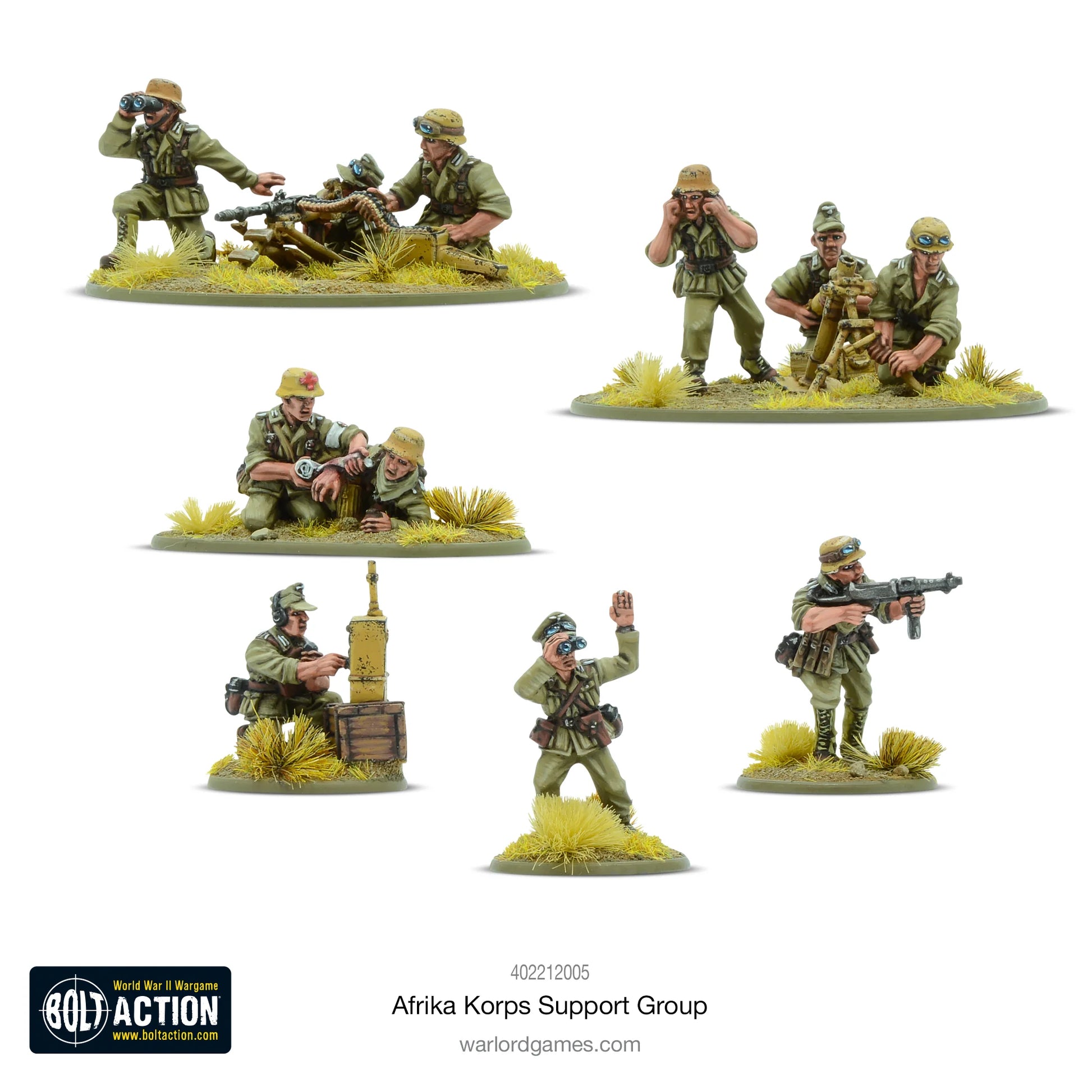 Afrika Korps Support Group - Bolt Action 28mm - kompletny zestaw pomalowanych figurek: zespół MG42, oficer z lornetką, medyk z rannym, obserwator z radiem, żołnierz z MP40 - tropikalne mundury dunkelgelb - 10 metalowych figurek - Warlord Games