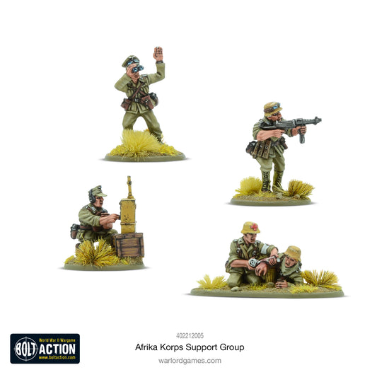  Afrika Korps Support Group - Bolt Action 28mm - jednostki dowodzenia: oficer wydający rozkazy, żołnierz z MP40, medyk z rannym, obserwator z radiem - gogle przeciwpyłowe i tropikalne wyposażenie - skala 1/56 - Warlord Games