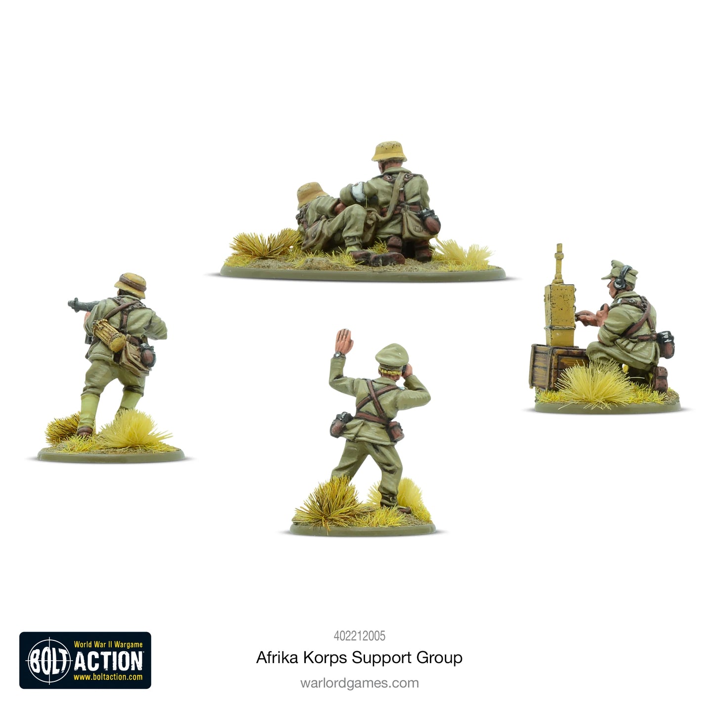 Afrika Korps Support Group - Bolt Action 28mm - widok z tyłu: medyk z rannym, żołnierz z MP40, oficer, obserwator z radiem - detale tropikalnych mundurów i wyposażenia pustynnego - Warlord Games