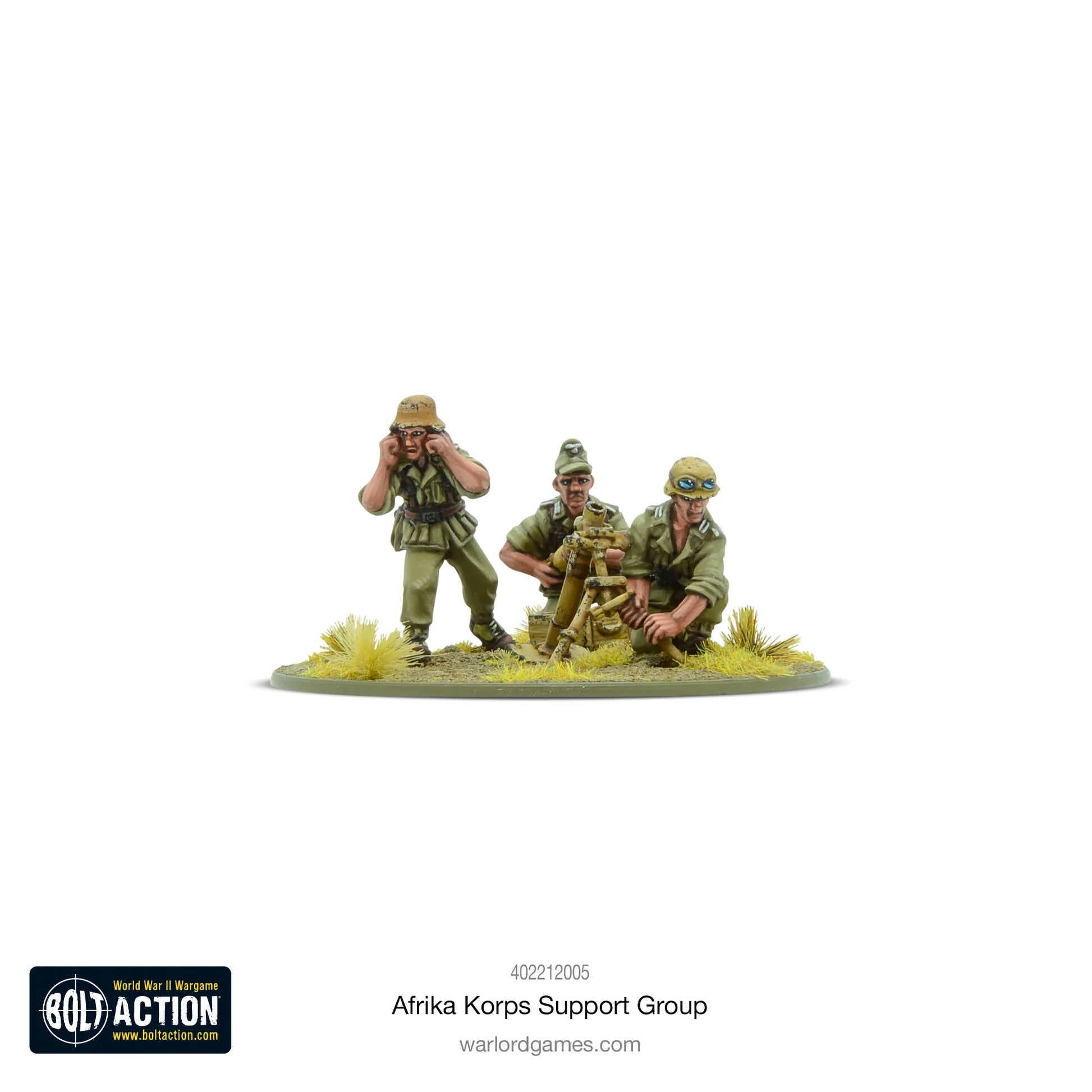 Afrika Korps Support Group - Bolt Action 28mm - obserwator artyleryjski z lornetką i 2 żołnierzy z radiem - tropikalne mundury dunkelgelb z goglami przeciwpyłowymi - skala 1/56 - Warlord Games