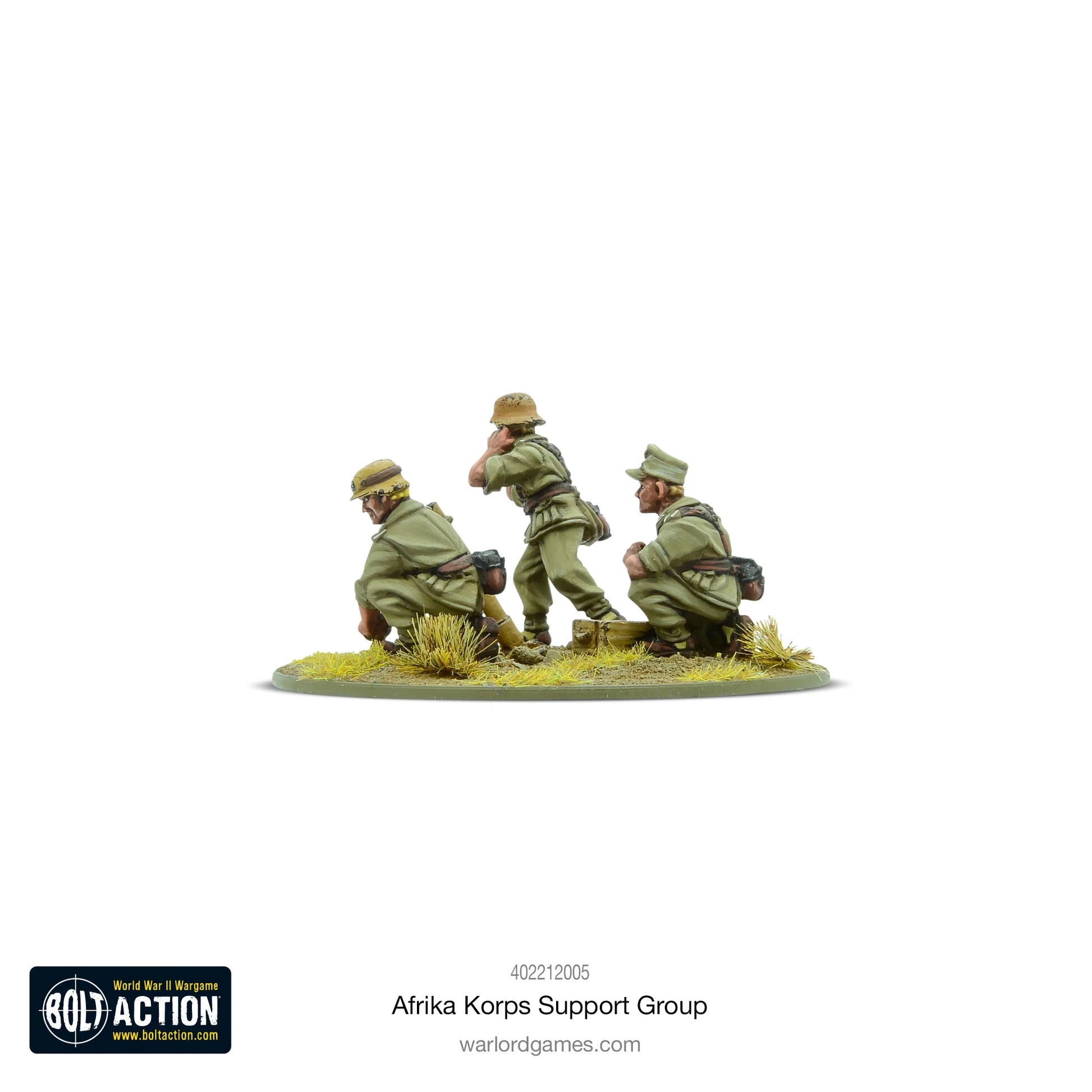 Afrika Korps Support Group - Bolt Action 28mm - zespół moździerza 8cm widok z tyłu - 3-osobowa załoga w tropikalnych mundurach z goglami - podstawka pustynna - Warlord Games