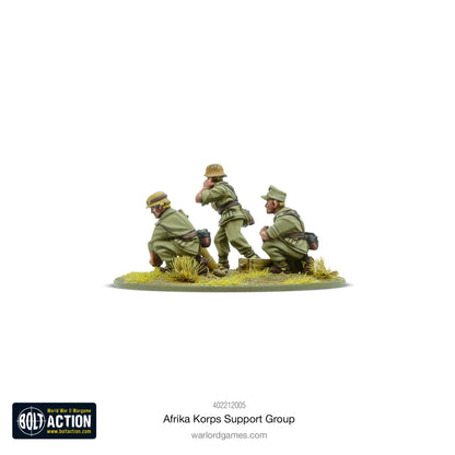 Afrika Korps Support Group - Bolt Action 28mm - zespół moździerza 8cm widok z tyłu - 3-osobowa załoga w tropikalnych mundurach z goglami - podstawka pustynna - Warlord Games