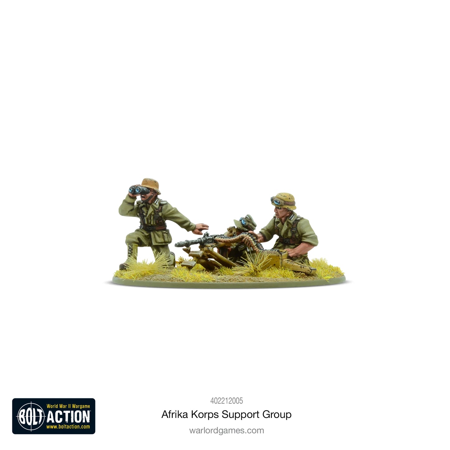 Afrika Korps Support Group - Bolt Action 28mm - zespół MG42 z 3-osobową załogą - oficer z lornetką obserwujący pole bitwy - tropikalne mundury dunkelgelb - skala 1/56 - Warlord Games
