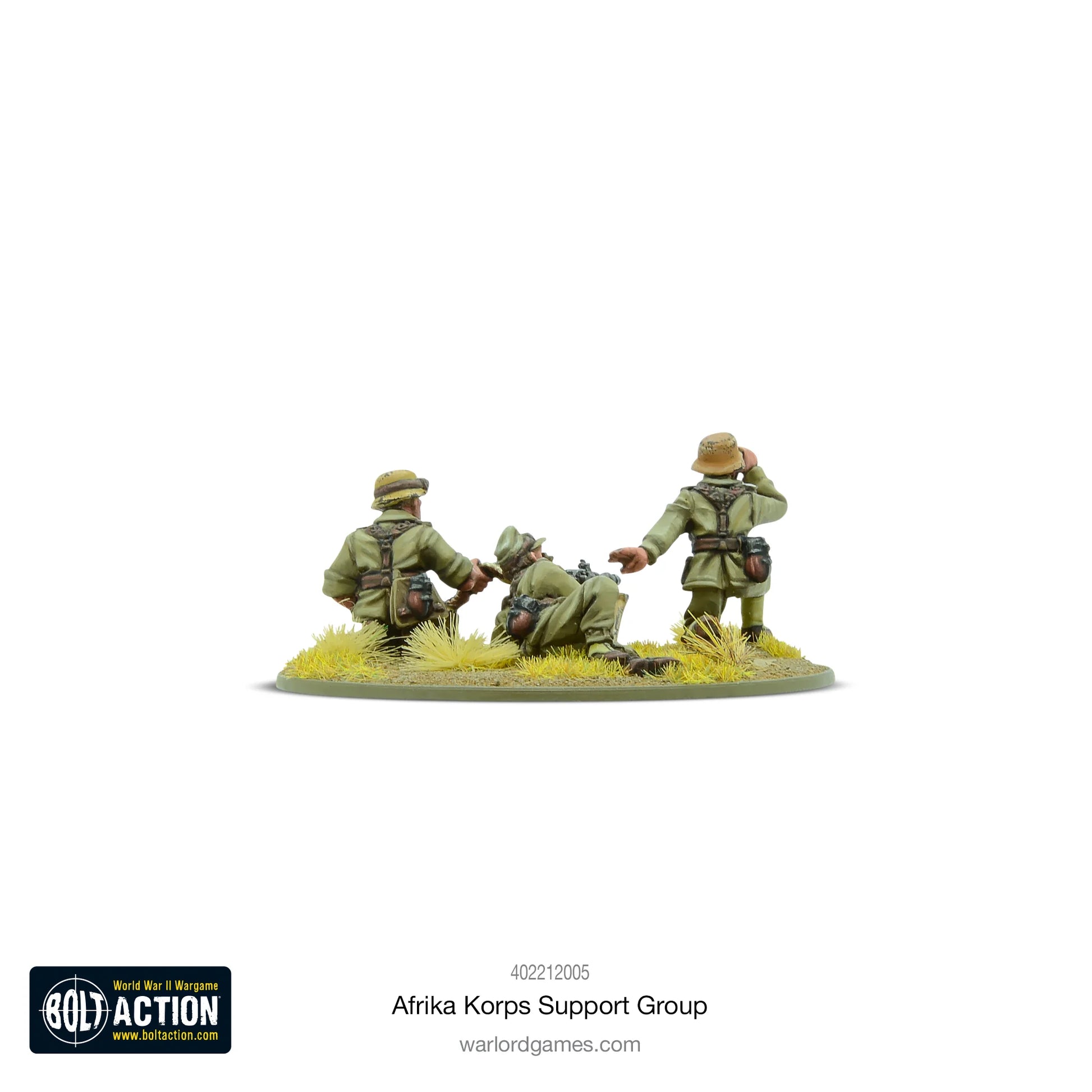 Afrika Korps Support Group - Bolt Action 28mm - medyk z rannym żołnierzem widok z tyłu - 2 żołnierzy niosących rannego towarzysza - tropikalne mundury dunkelgelb - skala 1/56 - Warlord Games