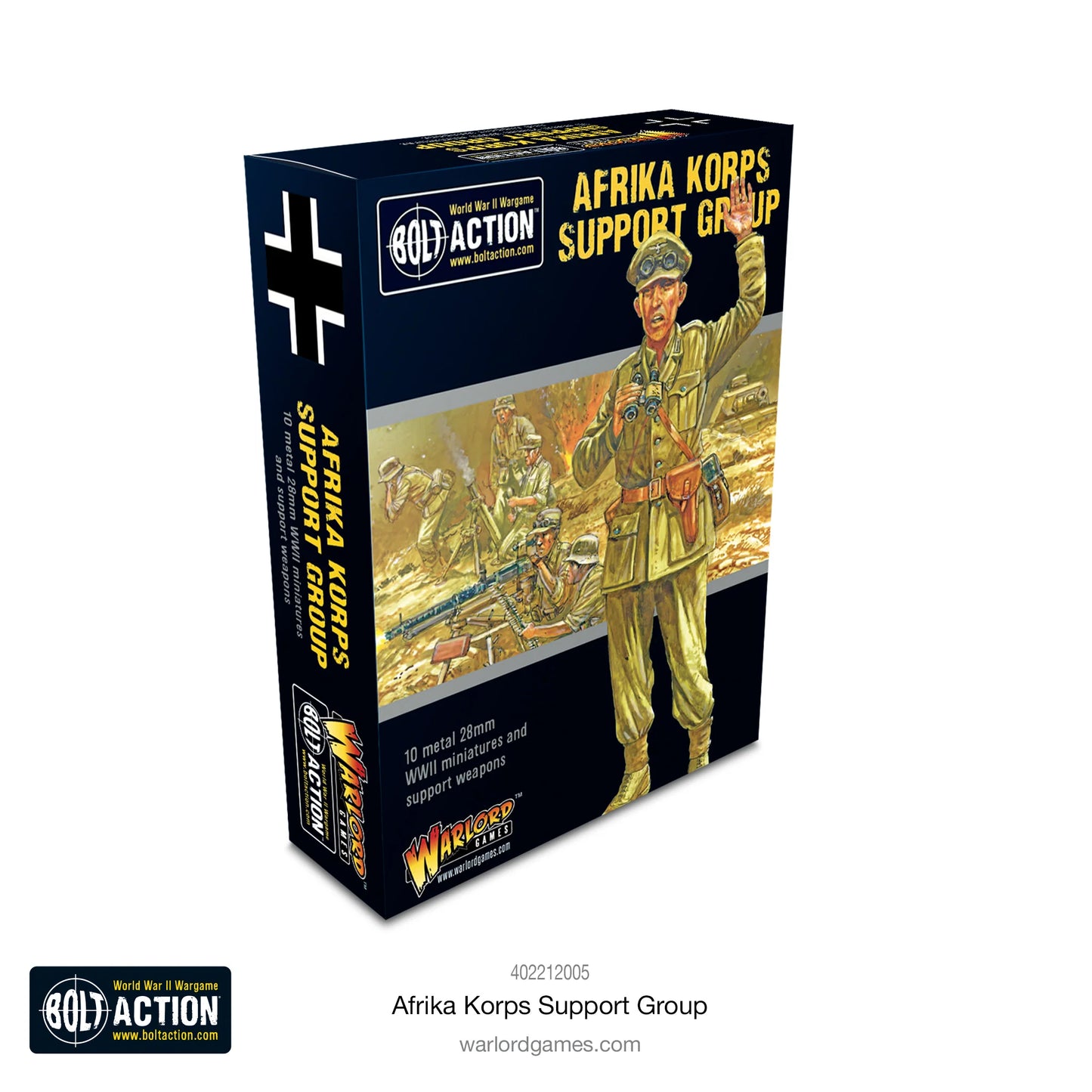 Afrika Korps Support Group - Bolt Action 28mm - opakowanie produktu z ilustracją oficera Afrika Korps wydającego rozkazy na pustyni - 10 metalowych figurek 28mm - Warlord Games