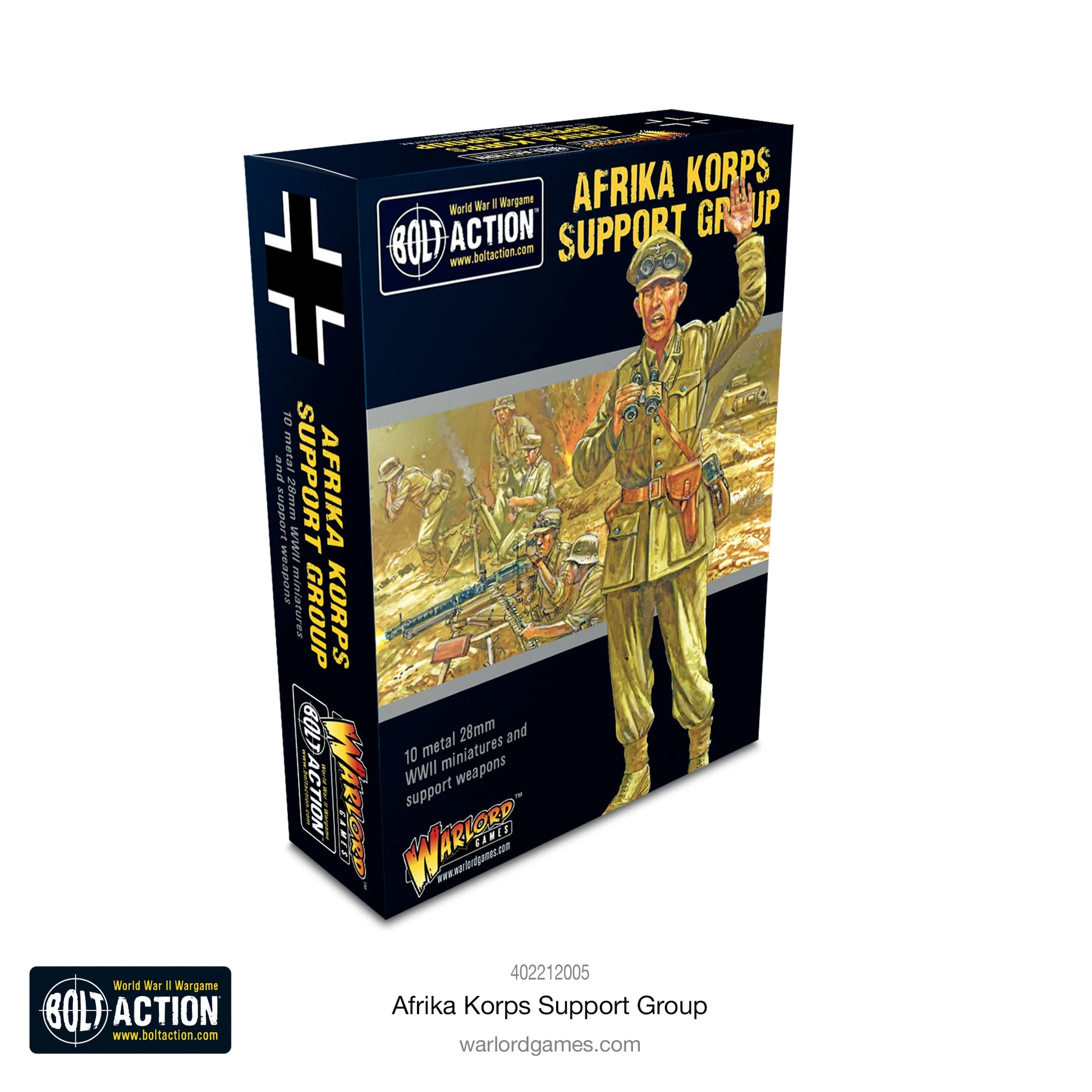 Afrika Korps Support Group - Bolt Action 28mm - opakowanie produktu z ilustracją oficera Afrika Korps wydającego rozkazy na pustyni - 10 metalowych figurek 28mm - Warlord Games