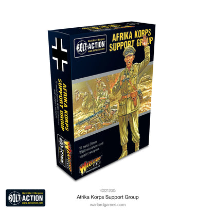 Afrika Korps Support Group - Bolt Action 28mm - opakowanie produktu z ilustracją oficera Afrika Korps wydającego rozkazy na pustyni - 10 metalowych figurek 28mm - Warlord Games